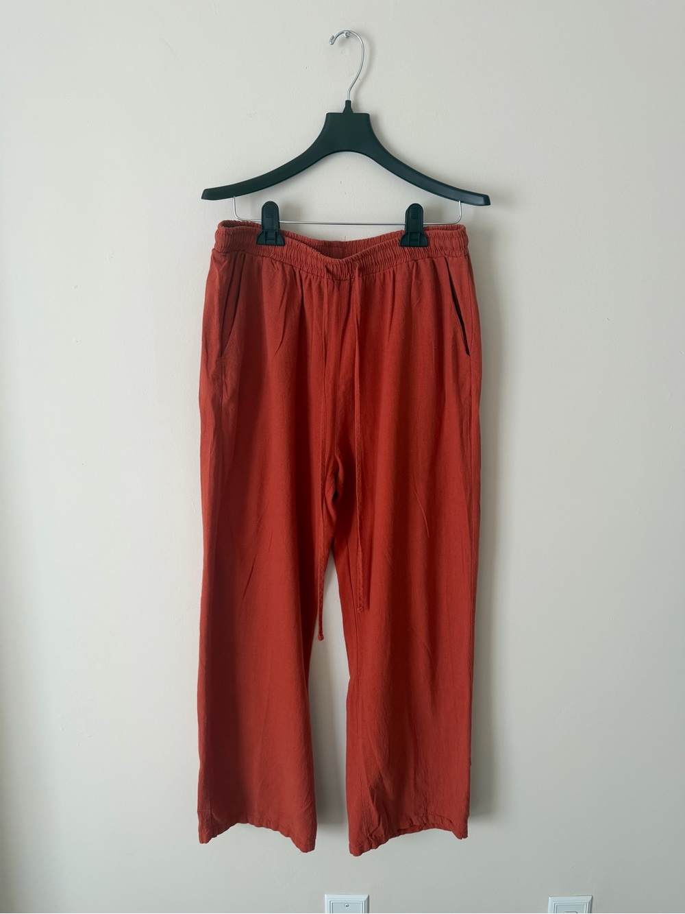 Womens Drawstring Wide Leg Linen-like Knit Pants in Terracotta Orange 🍊 Large